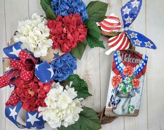 4th of july patriotic wreath for front door or porch, Fourth of july, Independence day Memorial day Veterans day, Summer Hydrangea Wreath