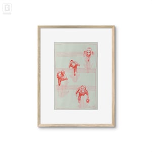 May include: Framed art print with a red ink illustration of five figures viewed from above. The figures are walking on a pale green background with horizontal lines. The artwork is presented in a light wood frame.