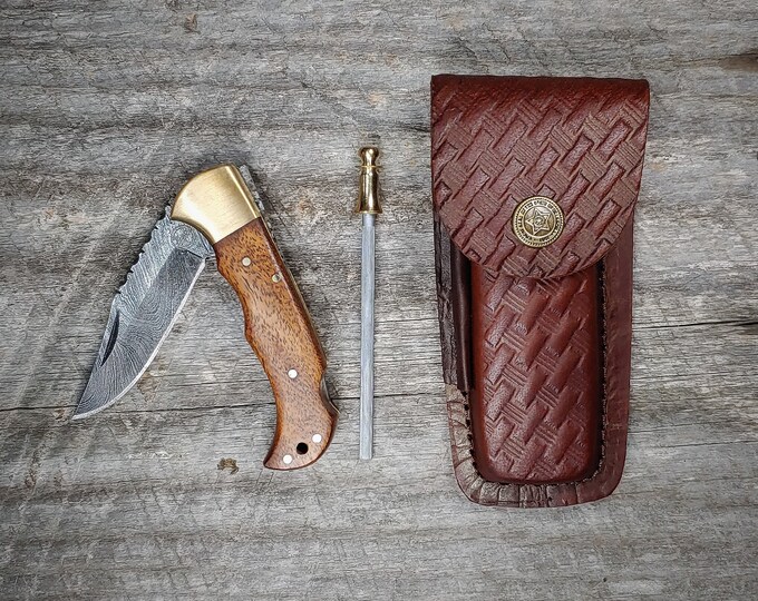 Walnut Frontiersman Folding Knife Combo: Includes Sharpening Rod and Leather Belt Sheath!