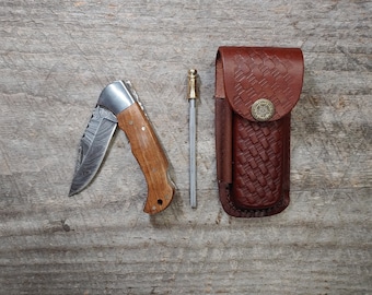 Rosewood Frontiersman Folding Knife Combo: Includes Sharpening Rod and Leather Belt Sheath!