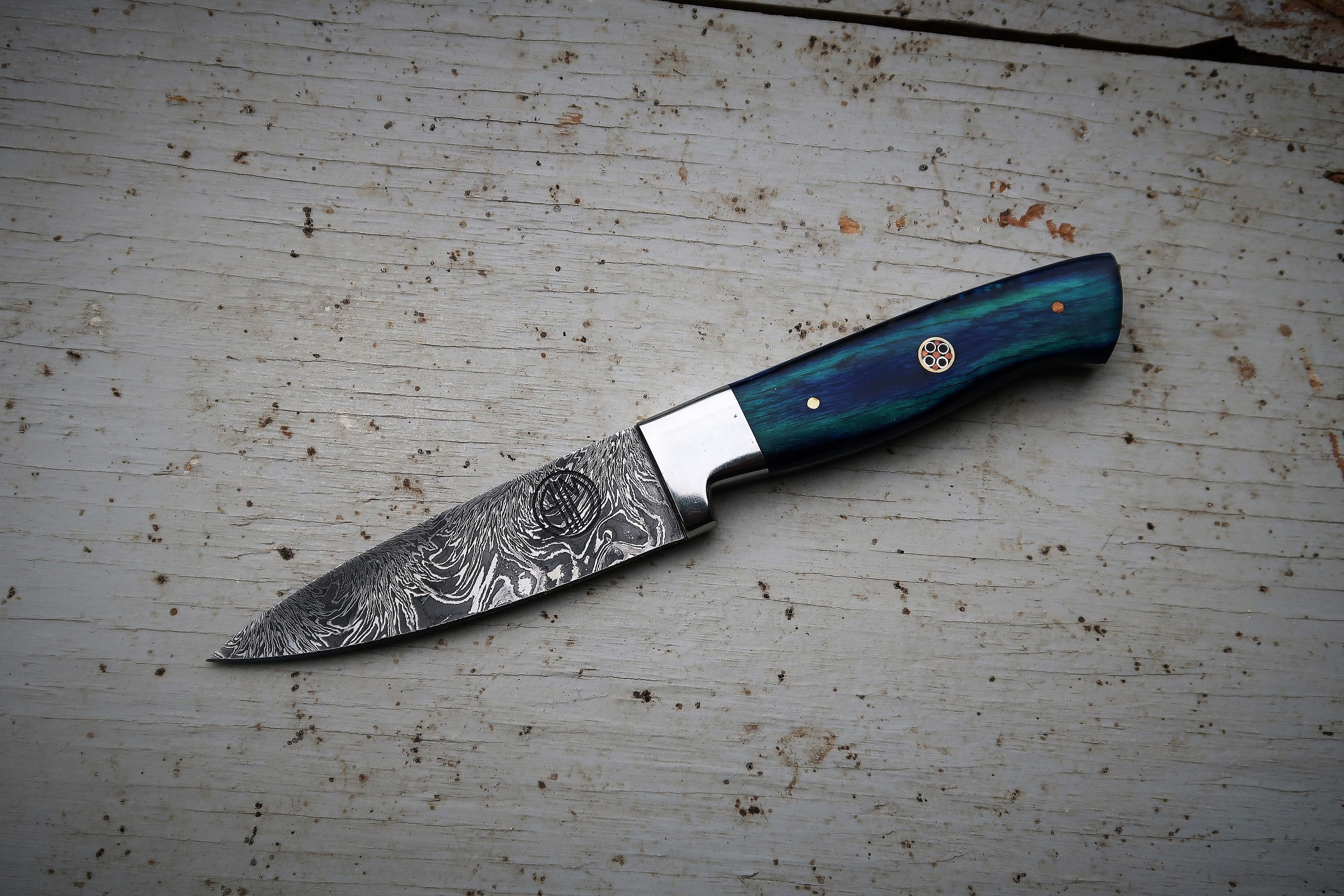 3.5 Azure Paring Knife; Twist Pattern Damascus steel, Royal Blue Dyed