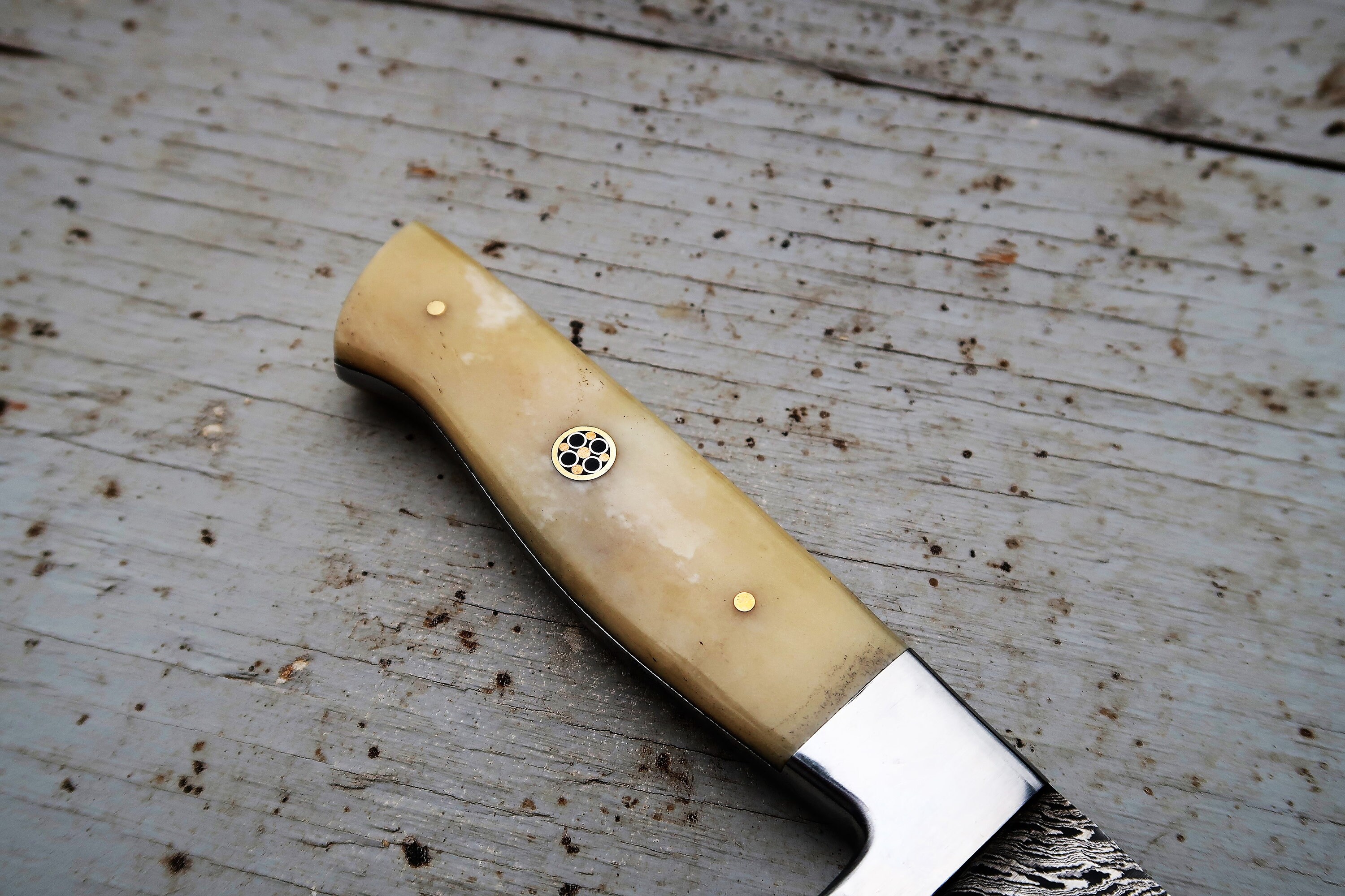 4.5 Bone Paring Knife; Twist Pattern Damascus steel, Natural Bone handle