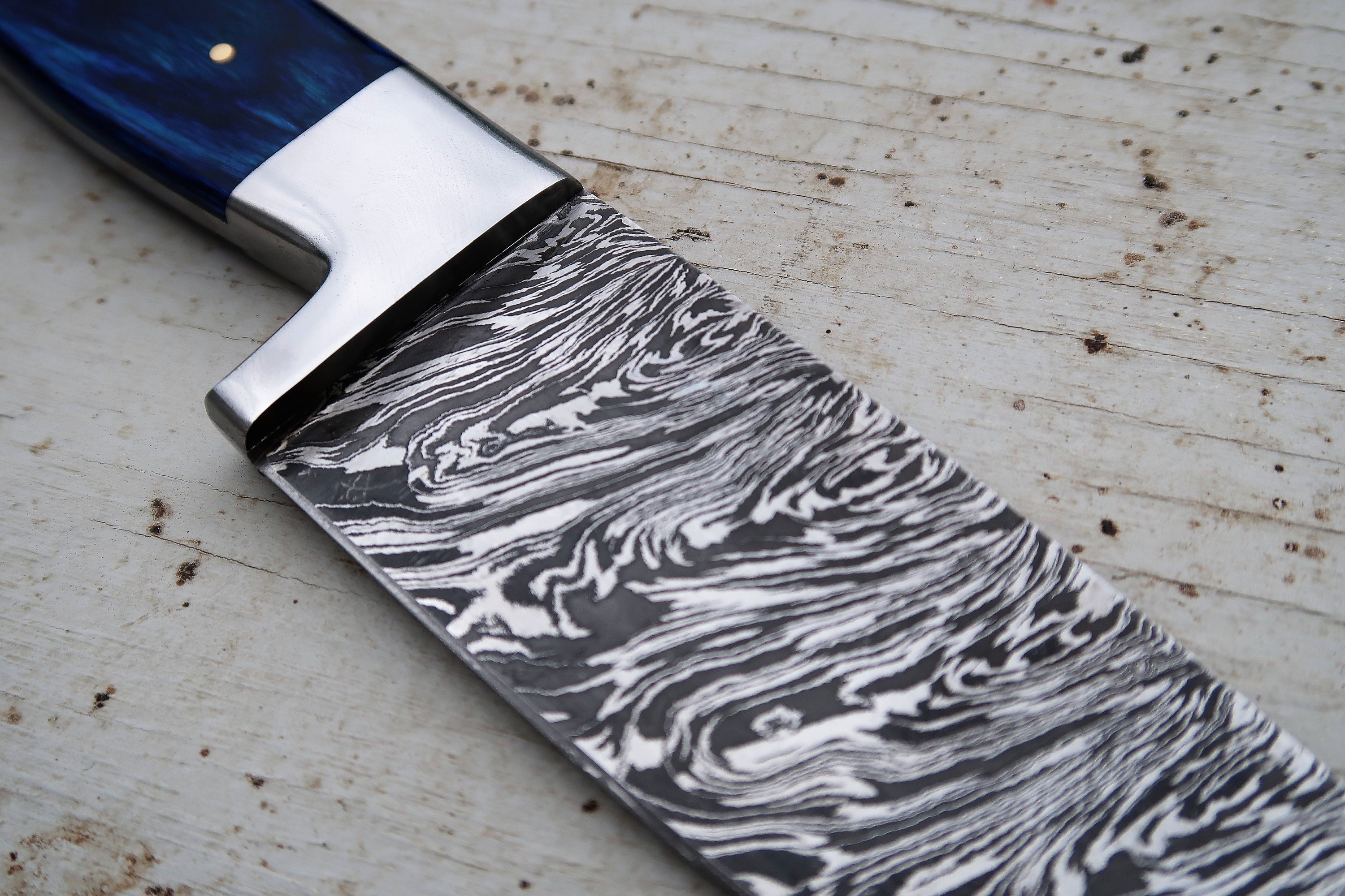 8 Azure Chef Knife; Twist Pattern Damascus steel, Royal Blue Dyed