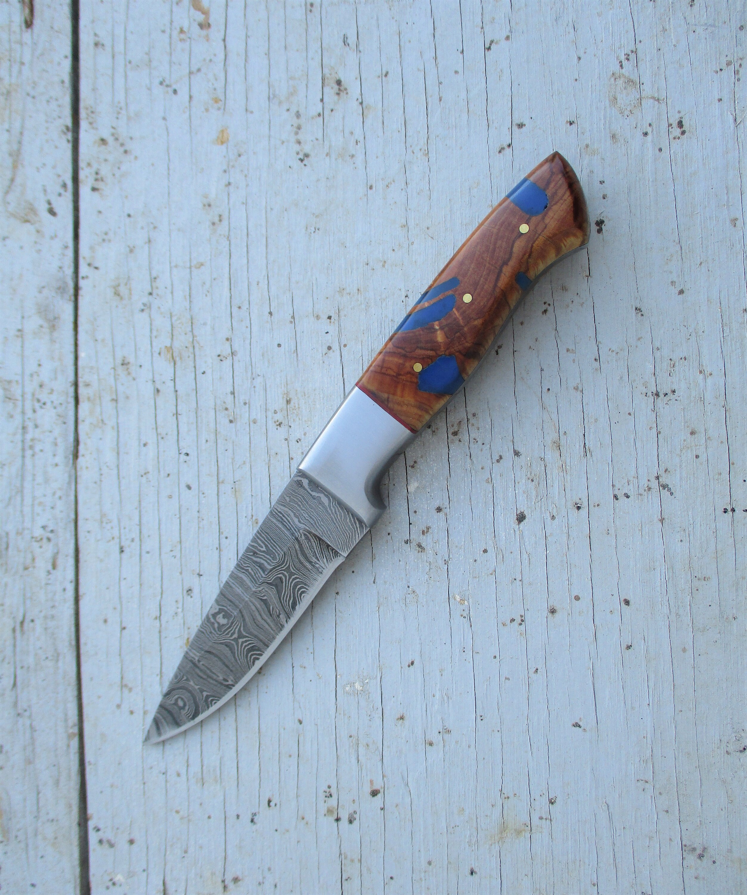 Riptide Skinner Knife; Twist Damascus Blade, Olive Burl and Resin Handle
