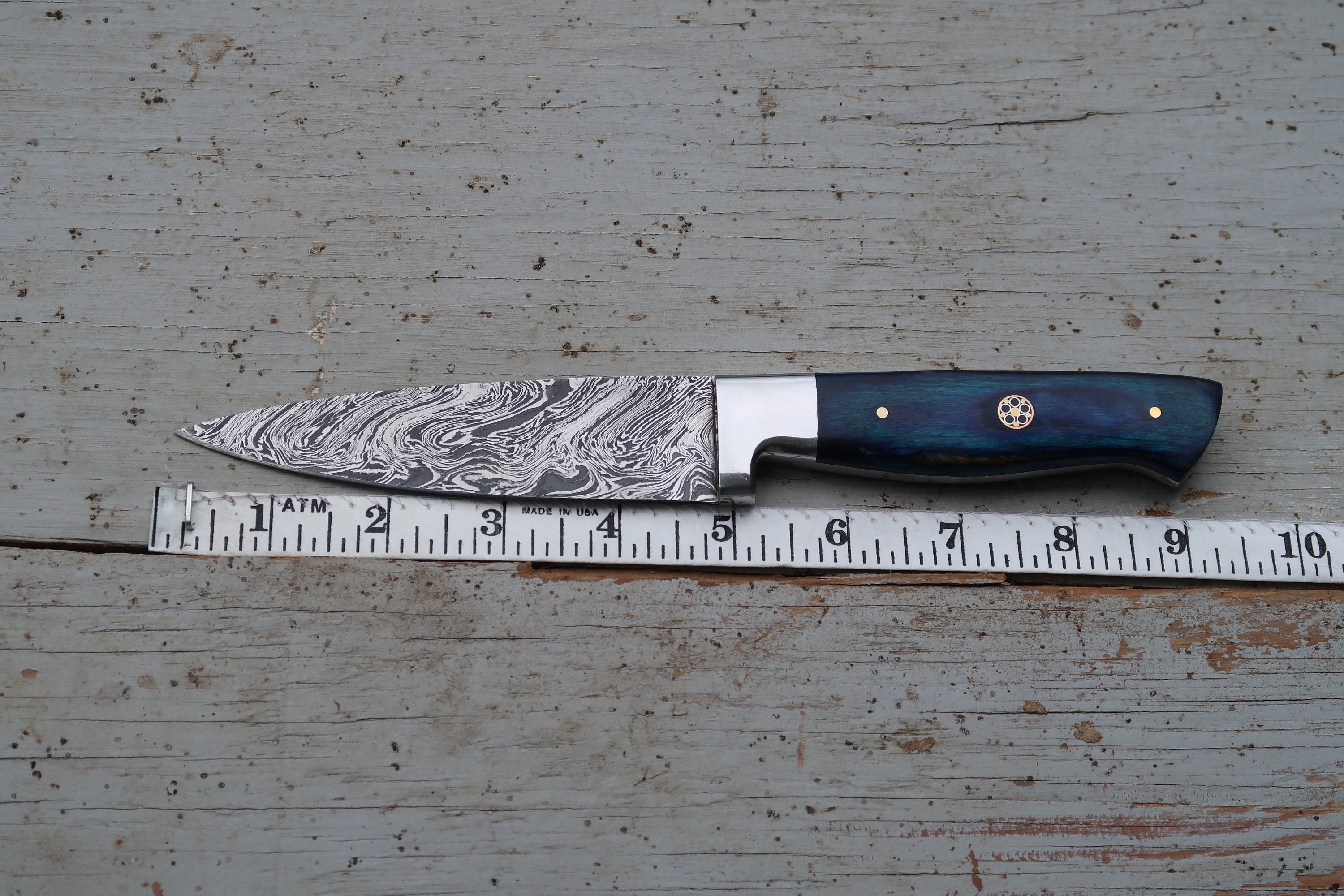4.5 Azure Paring Knife; Twist Pattern Damascus steel, Royal Blue Dyed