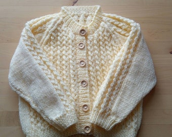 Cream coloured knitted cardigan for 6-12 month old, 20inch chest knitted cardigan. Hand knit babywear. Babies cardigan.