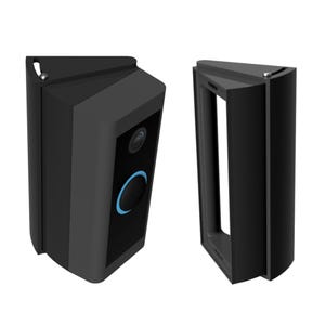 May include: Two black security camera housings. One is assembled, showing a camera lens and a blue light ring. The other is disassembled, showing the back panel. Both have a triangular top.