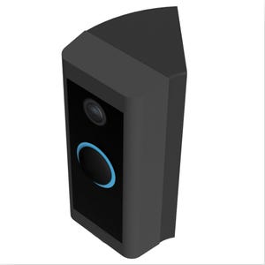 May include: A black security camera with a rounded rectangular shape. It features a camera lens and a blue illuminated crescent shape on a black face. The device has a modern, minimalist design.