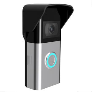 May include: A silver doorbell camera with a black rain shield and a blue light around the button.