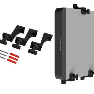 May include: A black CCTV recorder with the text "CCTV RECORDER" on the front. The recorder is mounted to a wall with three black brackets and screws. The brackets are also included in the image.