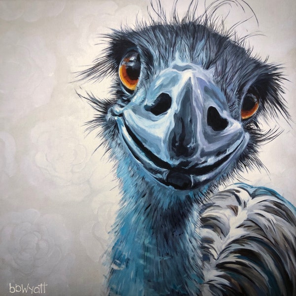 EmMA EmU- Happy Emu Ostrich Print- Birds, therapy animals, Spirit bird, Ostriches, Emu’s, whimsical home decor.