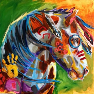 May include: A colorful painting of a horse with blue, red, orange, white, and black markings. The horse's mane and tail are flowing in the wind. The background is a mix of green and orange.