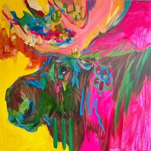 LouiE  the Moose, Original 30x30  Moose Art, Moose outdoors, Boho Moose, funny moose wall art. Original Painting collectable Fine Art.