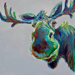 SnOOp -Happy Moose Print -Wildlife Art, Funny Moose Face, boho, art moose, outdoors, green, eclectic home decor.