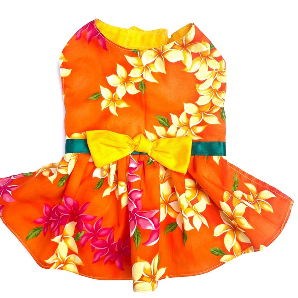 Dog dress in orange and yellow with multi-colored floral Hawaiian Print Dog Dress, Handmade size XS, S, M, L, Customizable.