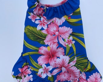 Beautiful Bright Floral Hawaiian Print Mu’umu’u Dog Dress, Blue and Pink Tropical dog dress, Handmade and reusable Aloha Dog dress