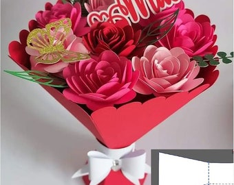 Paper flower bouquet, mothers day gift BOUQUET and ROSES, rose bouquet box 3D template, SVG file, studio, cricut, svg, dxf, eps