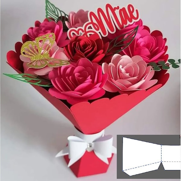 Bouquet de fleurs en papier, bouquet de roses et bouquet de roses, modèle 3D de boîte de bouquet de roses, fichier SVG, studio, cricut, svg, dxf, eps