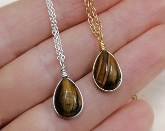 Large Tiger Eye necklace (L) / customized crystal necklace / wire wrapped gemstone pendant