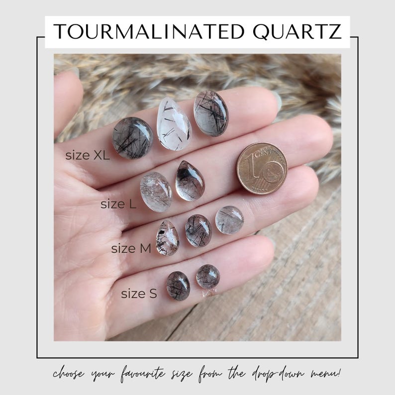 May include: The image displays various sizes of tourmalinated quartz stones, ranging from XL to S. The stones are clear with black inclusions, and a coin is included for size comparison. Text reads "TOURMALINATED QUARTZ" and "choose your favourite size from the drop down menu!"