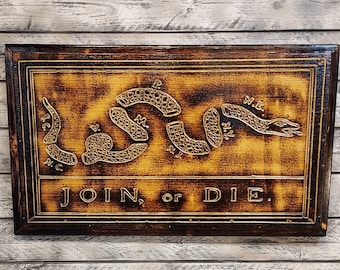 Join or Die , Wood Carved Burned Segmented Snake Wall Decor Benjamin Franklin Block Print Colonial Revolutionary War Americana 21&quot;x12.5&quot;