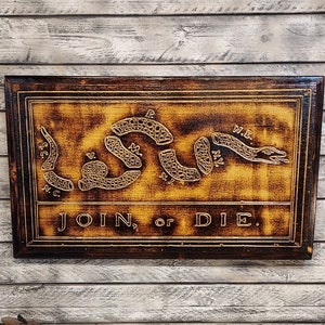 Join or Die , Wood Carved Burned Segmented Snake Wall Decor Benjamin Franklin Block Print Colonial Revolutionary War Americana 21&quot;x12.5&quot;