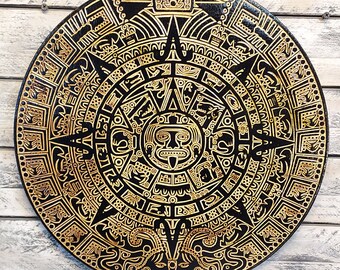 15&quot; Aztec Calendar Wood Carving Plaque Home Decor CNC Ancient Wall Decor Mayan Art Wood Burning Central American Mexican Art