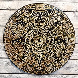 15" Aztec Calendar Wood Carving Plaque Home Decor CNC Ancient Wall Decor Mayan Art Wood Burning Central American Mexican Art