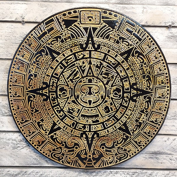 15" Aztec Calendar Wood Carving, Ancient Mexican Wall Art