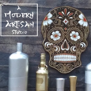 Sugar Skull Wood Hanging / Carved Burned Painted CNC Art / 15&quot; Tall / Day of the Dead Skull / Calavera /  Halloween Decoration