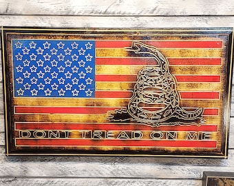 Rustic US Wood Flag Gadsden Dont Tread On Me American Flag Painted Carved and Torched CNC Man Cave Decor
