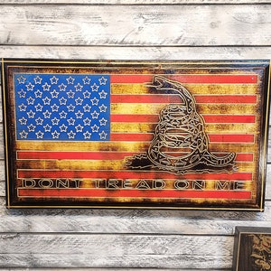 Rustic US Wood Flag Gadsden Dont Tread On Me American Flag Painted Carved and Torched CNC Man Cave Decor