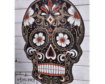 23" Tall Sugar Skull Wood Hanging / Carved Burned Painted CNC Art/ Day of the Dead Skull / Calavera / Halloween Decoration