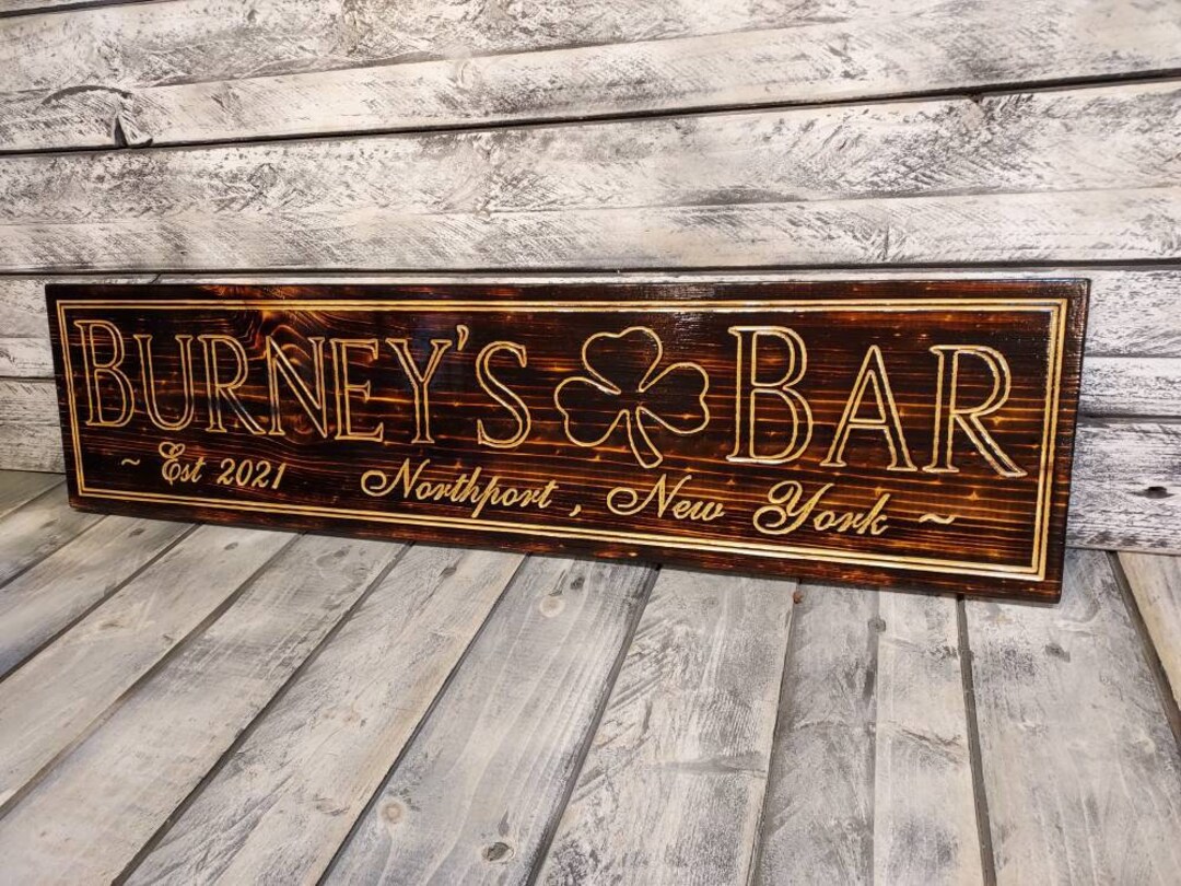 Custom Bar Sign Personalize Bar Sign Shamrock Optional CNC Wood Carved