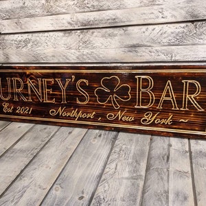 Custom Bar Sign Personalize Bar Sign Shamrock Optional CNC Wood Carved Charred Pine, Rustic Sign , 26" x 7", Irish Pub Sign , Man Cave Decor