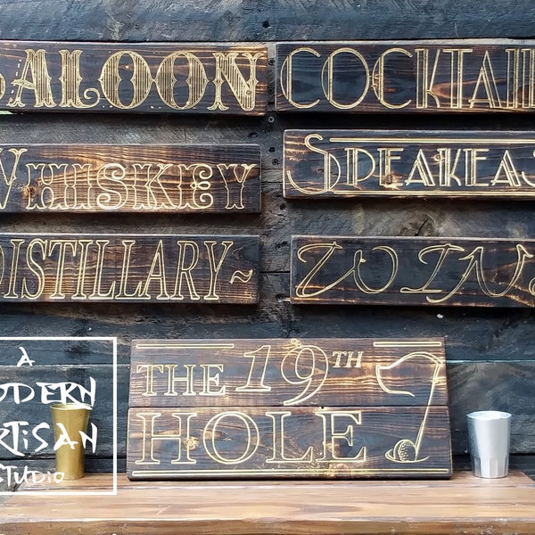 Panneau de bar personnalisé, bois sculpté brûlé, 15''x 3.5", CNC, Saloon Speakeasy Distillery Cocktail Whisky Vin 19ème trou Panneau cadeau rustique