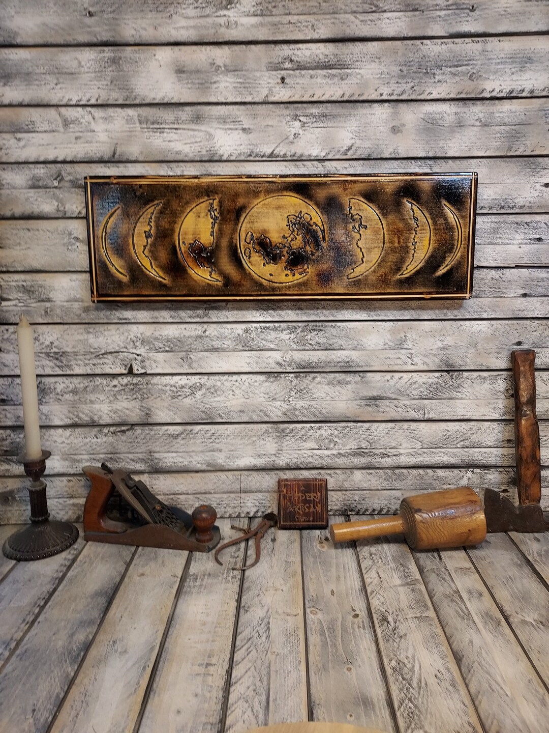 Wood Burned Moon Phase Wall Hanging, Celestial Boho Decor - Etsy