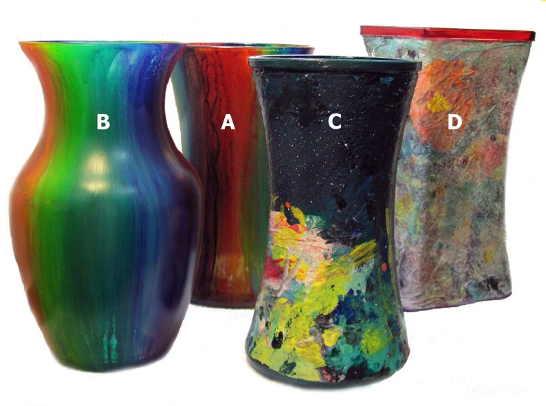 Hand painted glass flower vase, rainbow, acrylic skin, drip paint, free shipping image 1