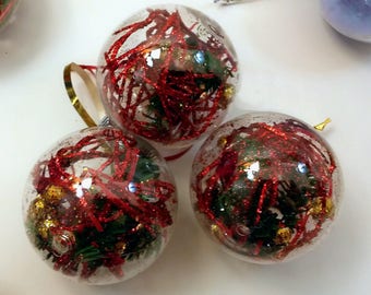 Unbreakable Christmas tree ornaments, plastic hand-decorated ornaments, 2 5/8" ball decoration, set of 3, E, Holiday decor, Free Shipping