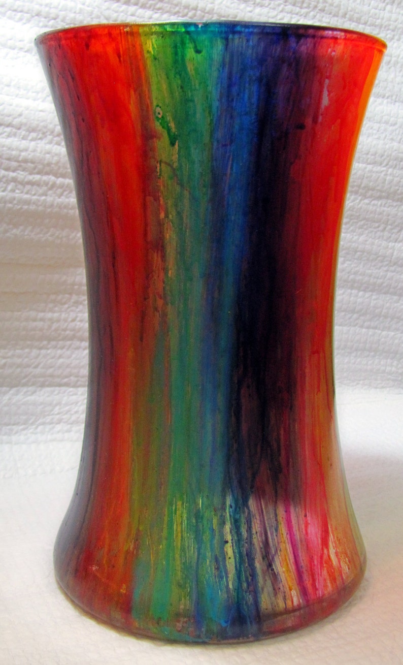 Hand painted glass flower vase, rainbow, acrylic skin, drip paint, free shipping image 2