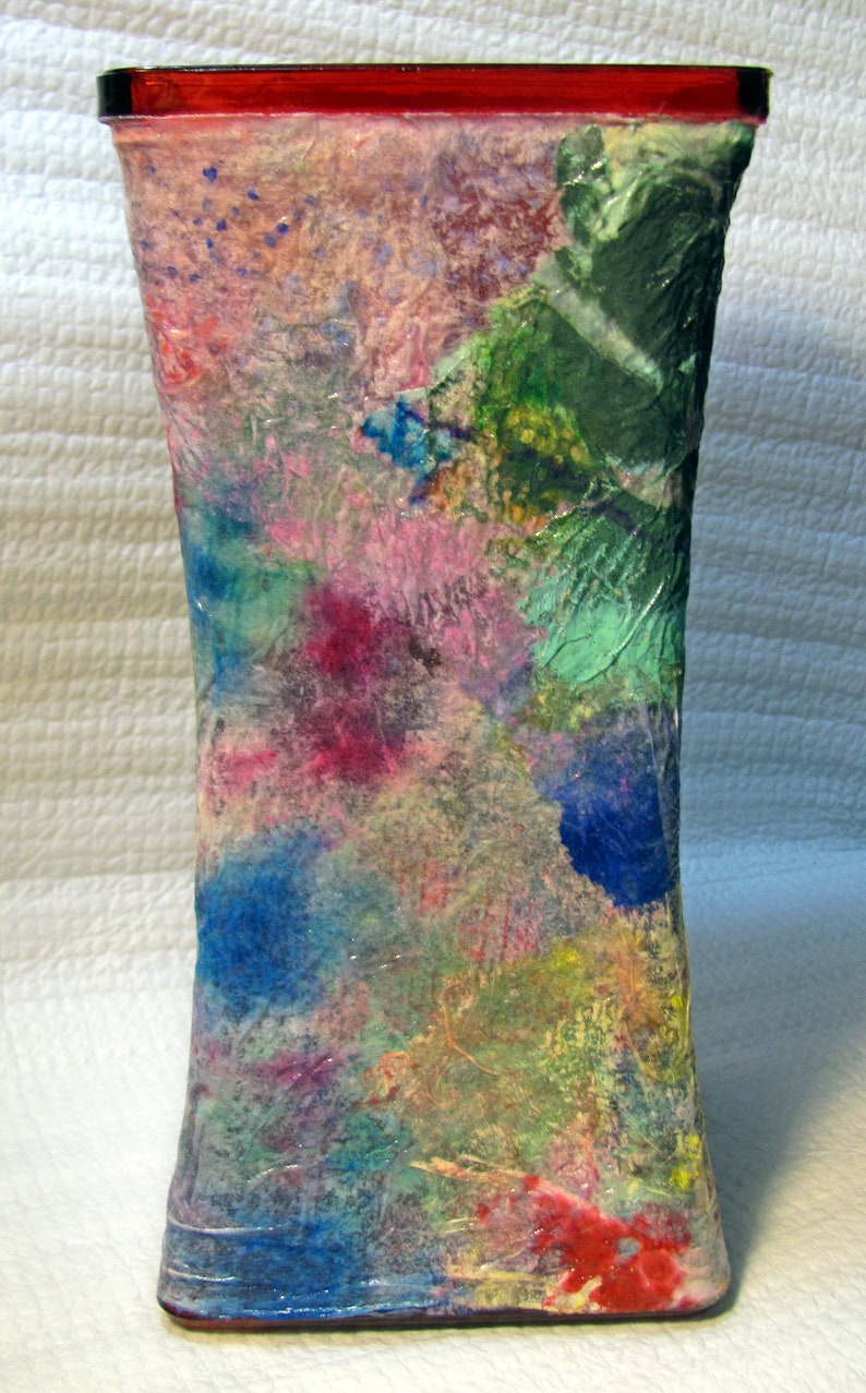 Hand painted glass flower vase, rainbow, acrylic skin, drip paint, free shipping image 8