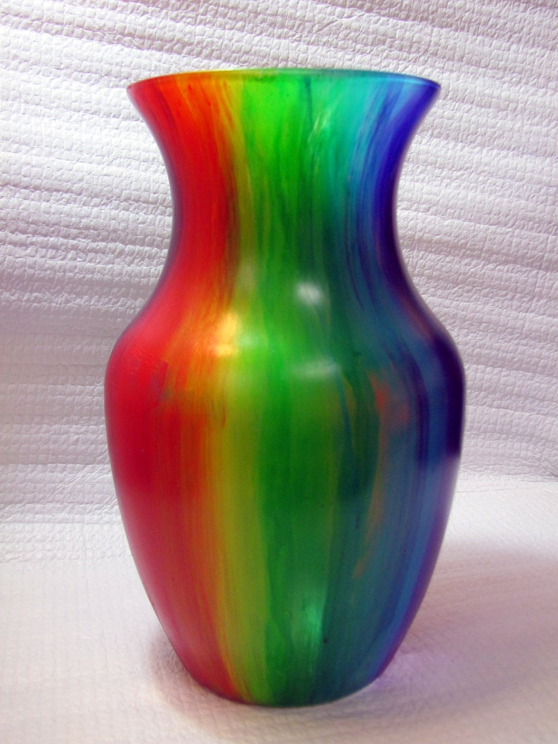 Hand painted glass flower vase, rainbow, acrylic skin, drip paint, free shipping image 5