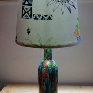 Tropical theme accent lamp, wine bottle lighting, up-cycled lighting, drip painting lamp, fabric lampshade, Free Shipping