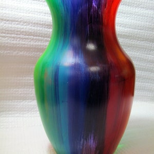 Hand painted glass flower vase, rainbow, acrylic skin, drip paint, free shipping image 4