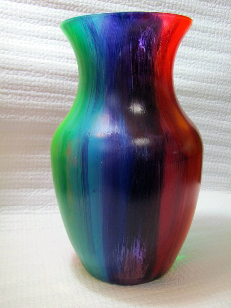 Hand painted glass flower vase, rainbow, acrylic skin, drip paint, free shipping image 4