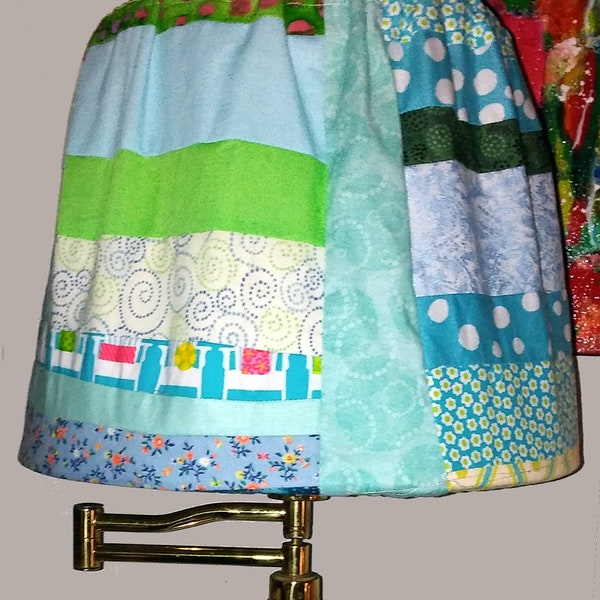Fabric lampshade cover, patchwork lamp shade skirt, blue/green, made to order