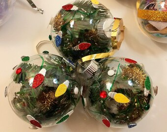 Unbreakable Christmas tree ornaments, plastic hand-decorated ornaments, 2 5/8" ball decoration, set of 3, C, Holiday decor, Free Shipping