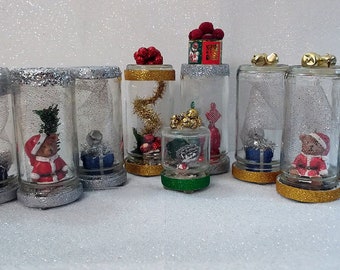 Mini Christmas Waterless Snow Globe, Miniature Christmas Scenes under Glass, Handmade Snowglobe, Christmas Decorations, Santa Bears