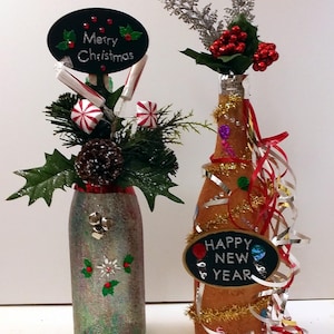 Holiday wine bottle decor, Christmas wine bottles, festive upcycled wine bottles, seasonal decor, set of 2, FREE Shipping