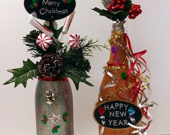 Holiday wine bottle decor, Christmas wine bottles, festive upcycled wine bottles, seasonal decor, set of 2, FREE Shipping